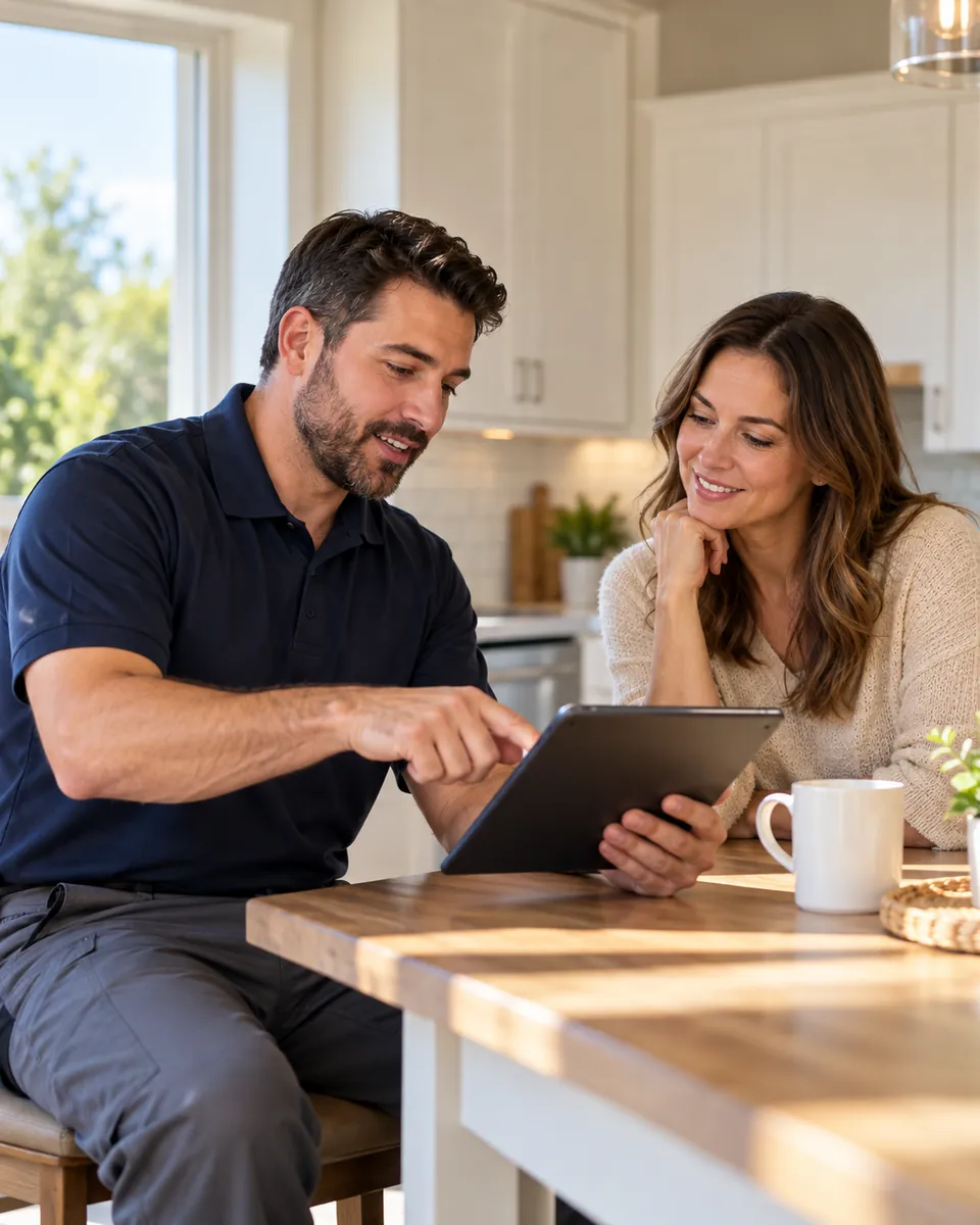 A crew lead reviews a job with a homeowner at a kitchen table