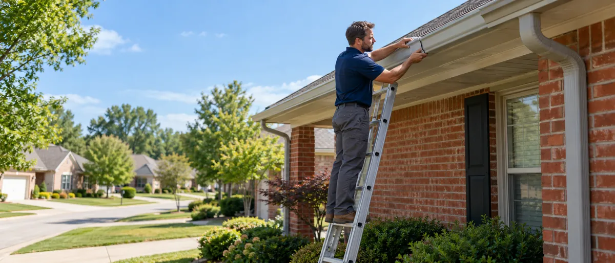 A gutter technician on a ladder at the roofline of a brick home
