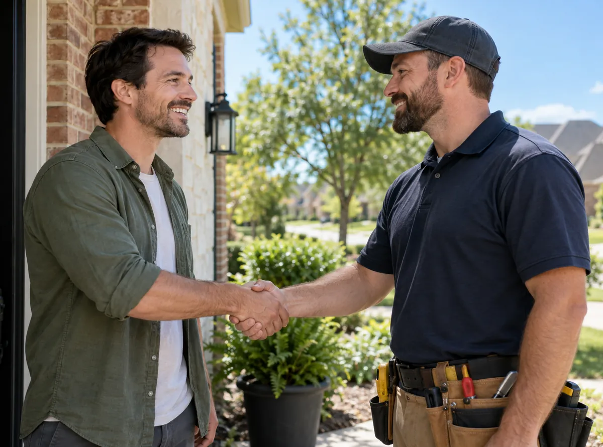 A homeowner and a service technician shake hands