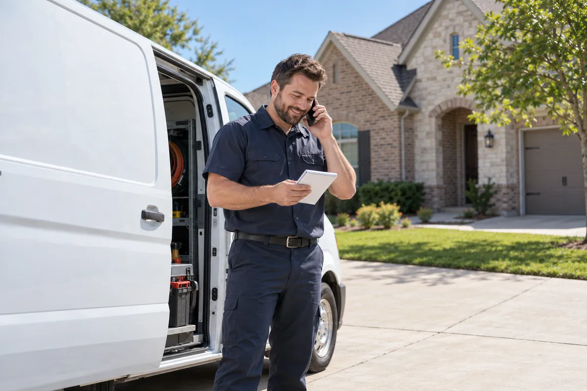 A service technician takes a customer call beside his work van